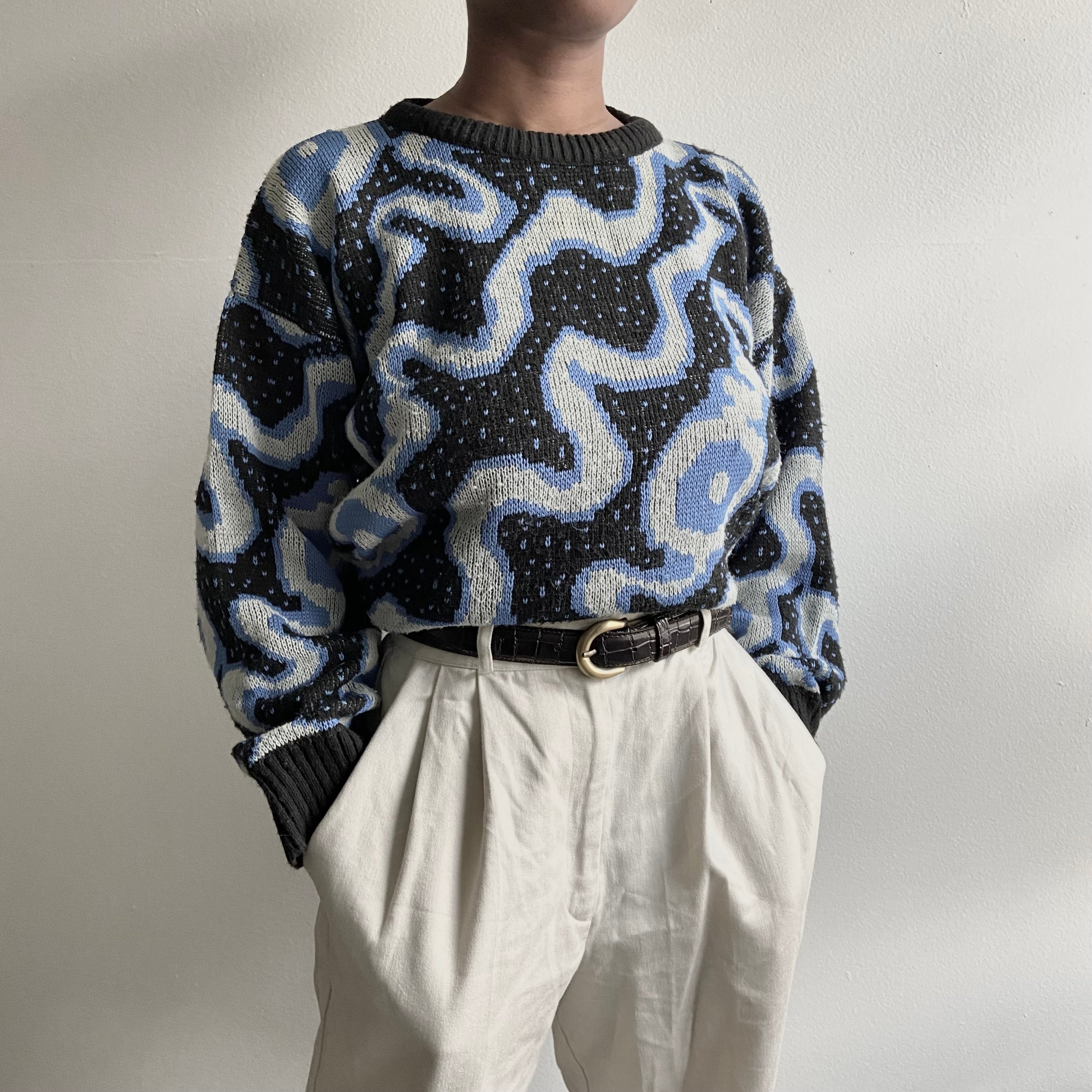 VAIGE One of One | Blue And Black Swirls Vintage 90s Knit Sweater